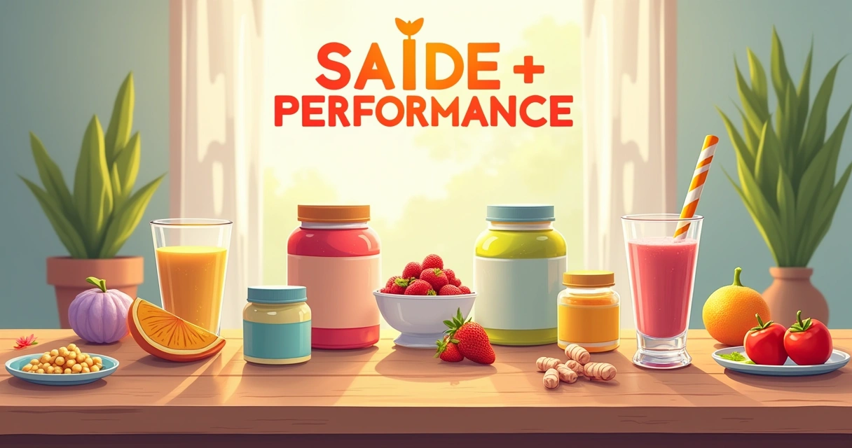 Suplementos, shake de proteína e alimentos saudáveis dispostos em uma mesa, com luz suave. Ideal para saúde e bem-estar.