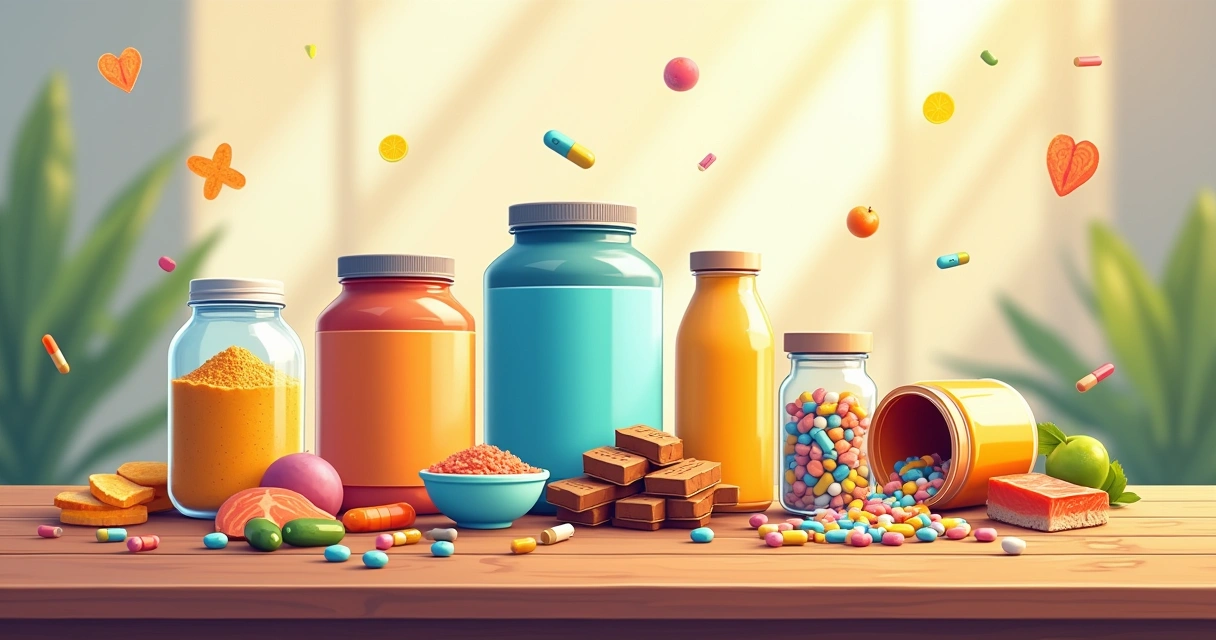 Vibrant display of various supplements like protein powders, vitamins, and omega-3 capsules on a wooden table.