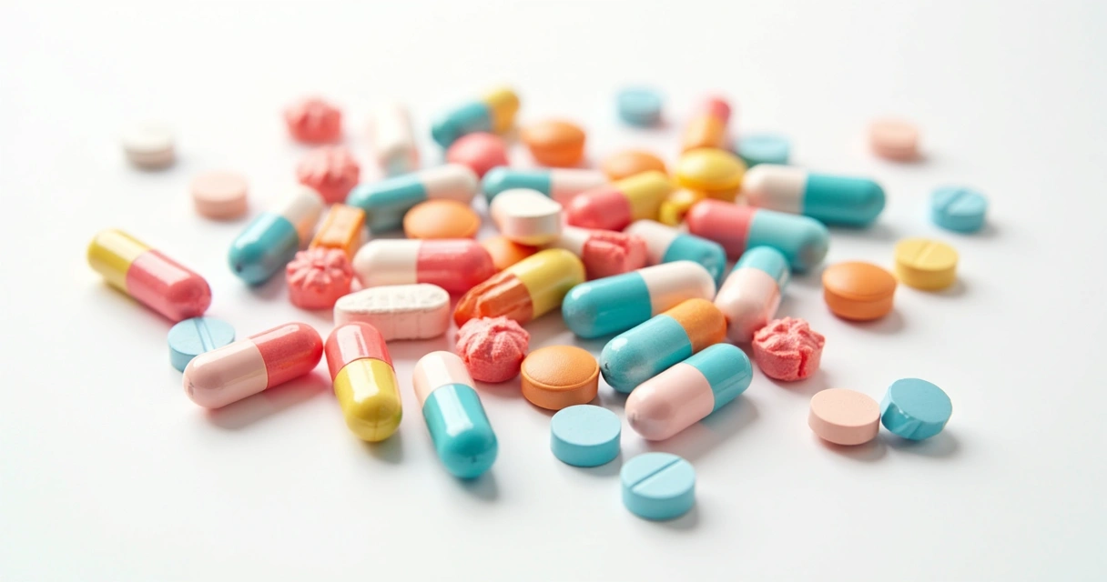 Cápsulas coloridas de suplementos sobre fundo branco. 