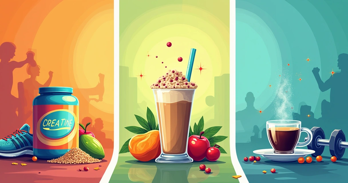 Ilustração de uma academia com suplementos creatina, whey protein e café, simbolizando energia e desempenho atlético.