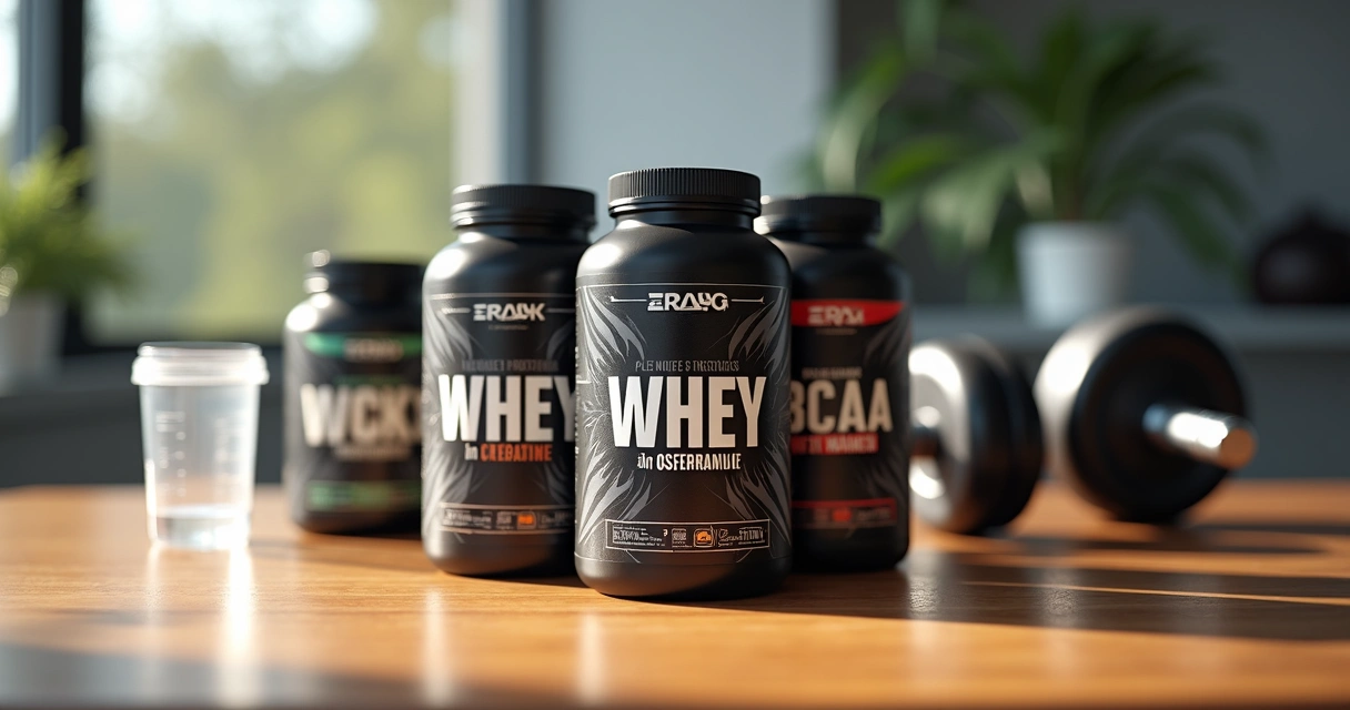 Frascos de suplementos whey, creatina e multivitamínicos sobre mesa de madeira com garrafa de água e halteres ao fundo 