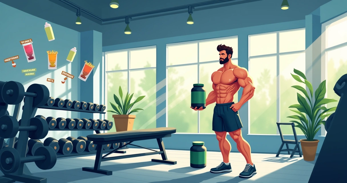 Ilustração de um entusiasta do fitness em uma academia, segurando suplementos de proteína e creatina.