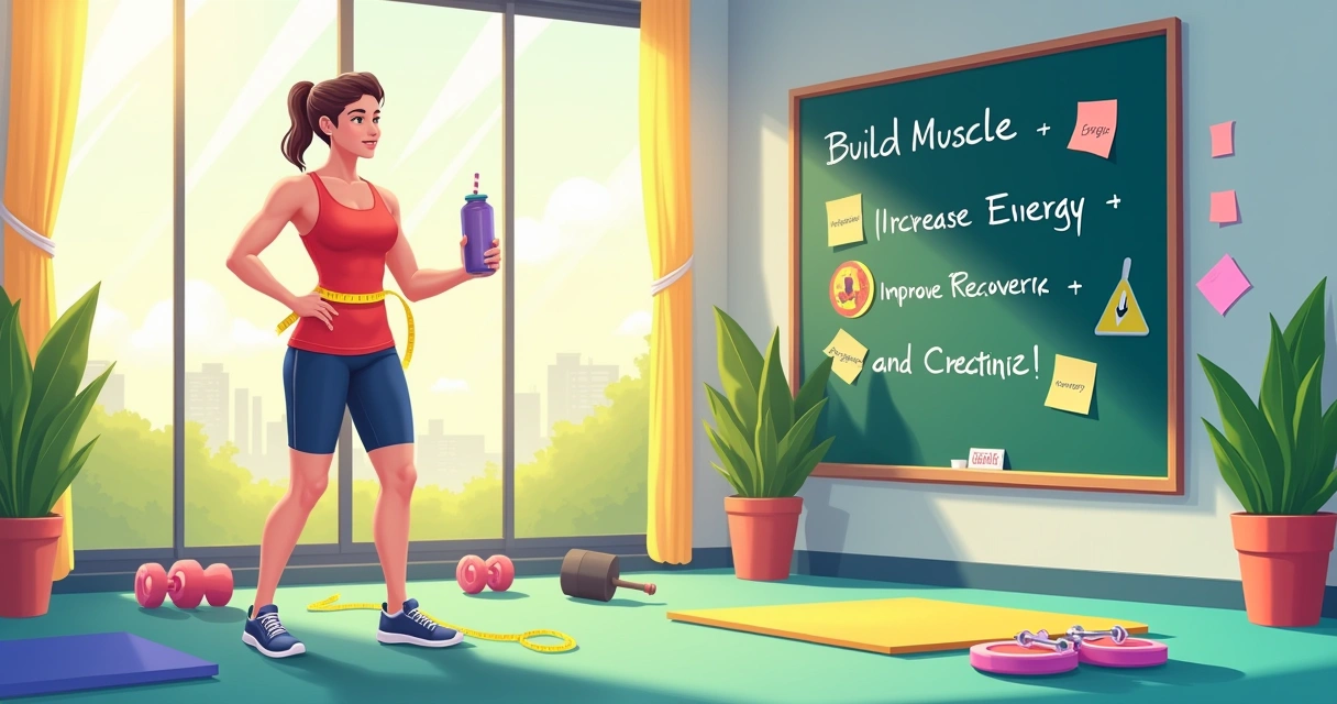 Ilustração de um entusiasta de fitness avaliando objetivos e suplementos em um ambiente claro e energético.