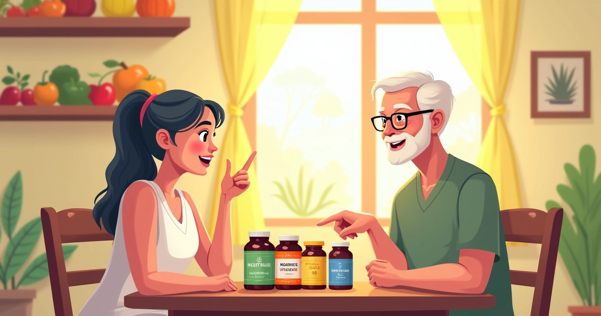 Idoso conversando com nutricionista sobre suplementos em uma mesa iluminada, com frascos coloridos ao redor.