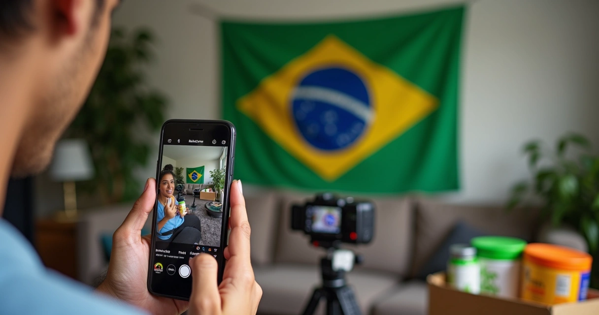 Influenciador digital mostrando suplementos brasileiros para seguidores internacionais 