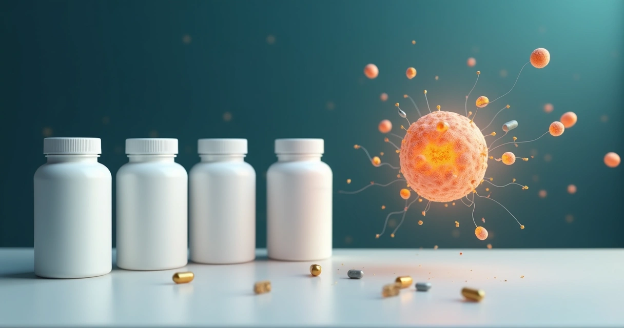 Frascos de suplementos ao lado de ilustração de mitocôndrias brilhando sobre fundo azul 