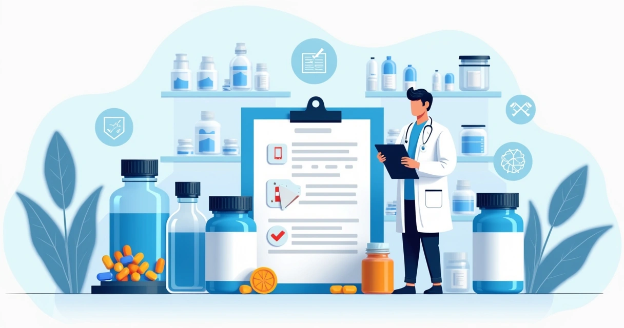 Ilustração corporativa de frascos e cápsulas de suplementos manipulados com receita médica 