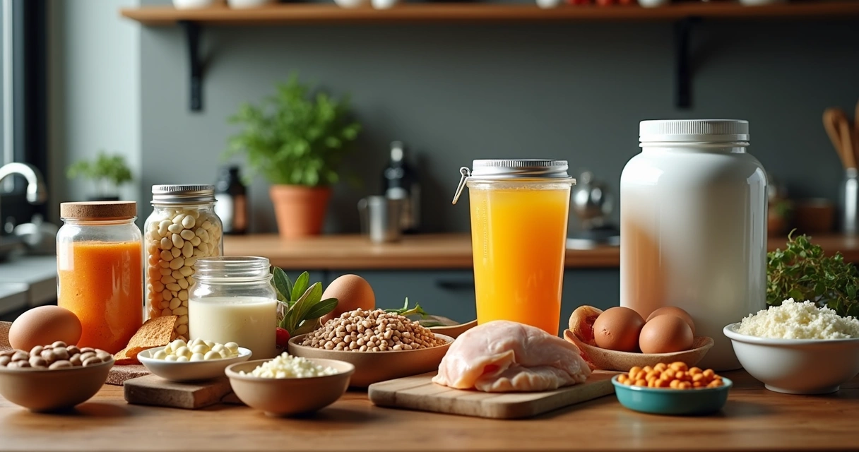 Vários suplementos e alimentos proteicos organizados em uma mesa de madeira. 