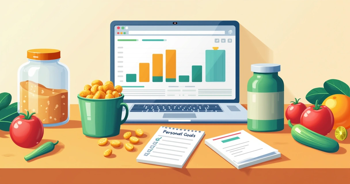 Suplementos em uma bancada de cozinha com frutas e um laptop mostrando dados nutricionais.