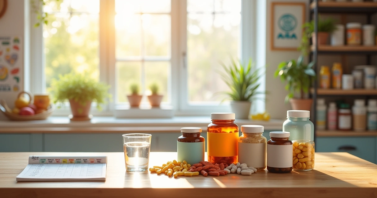 Diversos frascos de suplementos sobre uma mesa em uma cozinha iluminada, com um copo de água e um caderno ao lado.