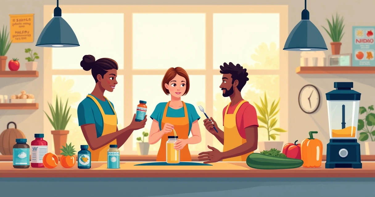 Grupo diverso em uma cozinha moderna analisando suplementos e preparando uma refeição saudável.