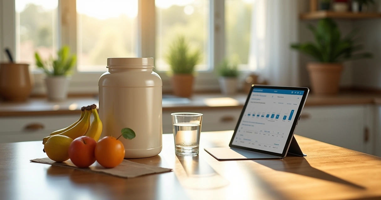 Produtos de suplementação em uma mesa de cozinha moderna, com frutas e tablet de nutrição ao fundo.