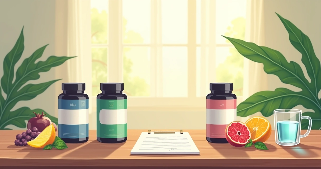 Frascos de suplementos na mesa de madeira, rótulos visíveis de proteína, aminoácidos e creatina.