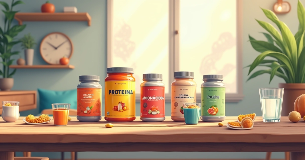 Vários suplementos sobre uma mesa, incluindo proteínas, aminoácidos e creatina, com halteres ao fundo.