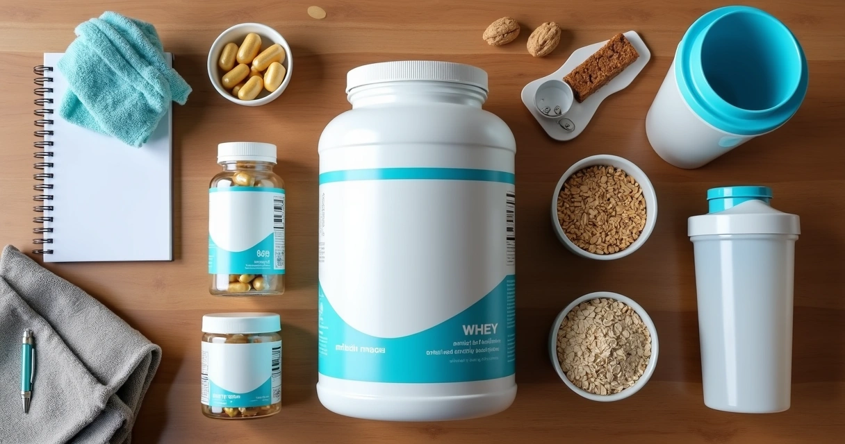 Potes de suplementos e alimentos funcionais sobre mesa fitness 
