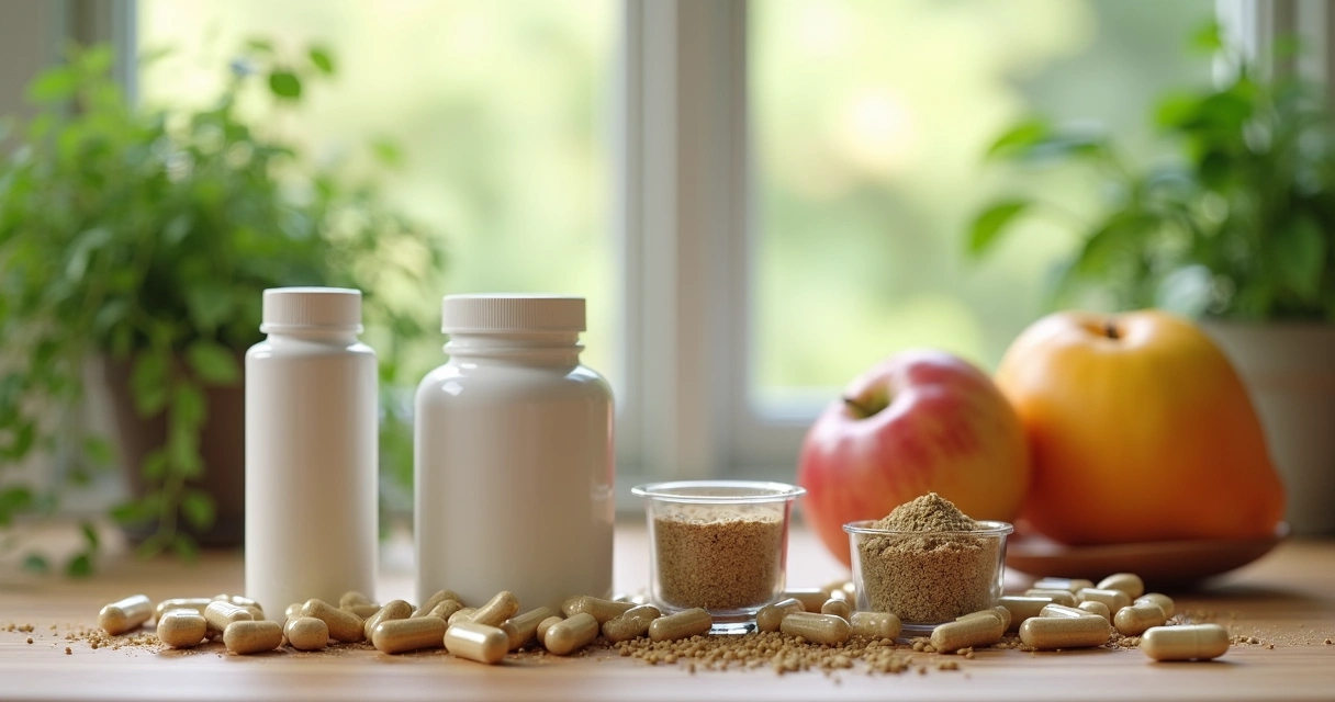 Suplementos diversos em potes sobre uma mesa de madeira 
