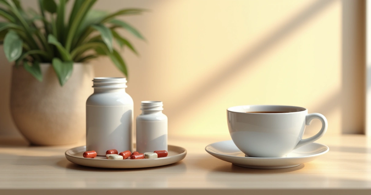 Potinhos de suplementos ao lado da xícara de café da manhã 