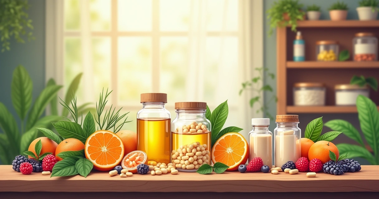 Ilustração de suplementos naturais sobre uma mesa de madeira, incluindo vitamina C, óleo de peixe e proteínas vegetais.