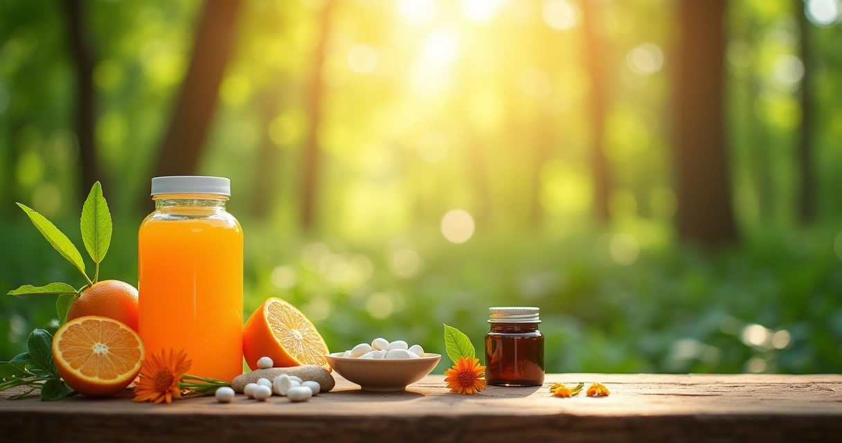 Suplementos naturais como Vitamina C, D, Zinco e Echinacea sobre uma mesa de madeira em uma floresta ao amanhecer.
