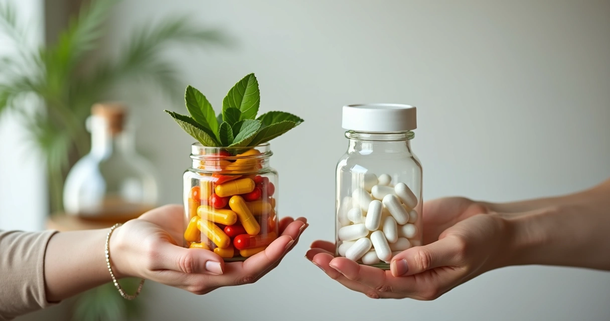 Duas mãos segurando potes diferentes, um com cápsulas naturais e outro com cápsulas industrializadas, lado a lado em fundo neutro 