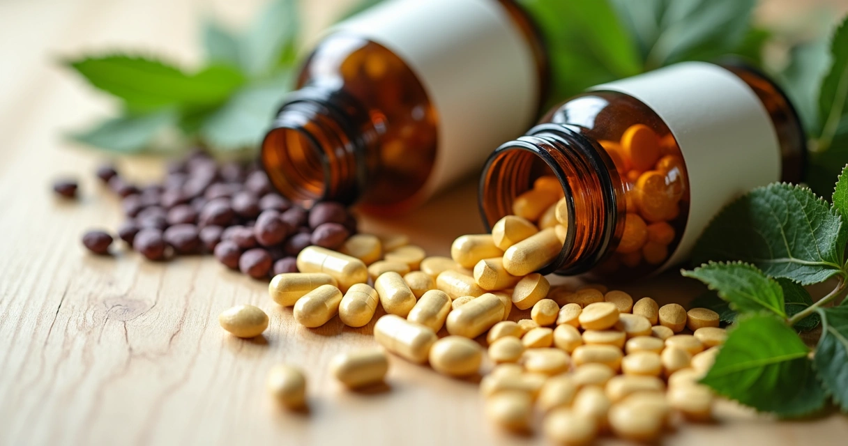 Frascos de suplementos naturais sobre uma mesa com ervas e cápsulas 