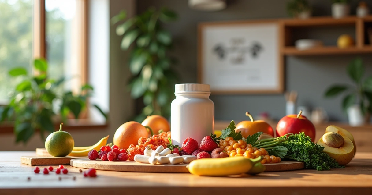 Mesa de madeira com suplementos de nutrição, fita métrica e maçã, ambiente natural e motivacional.