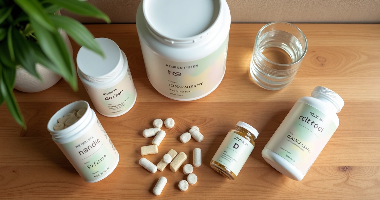 Suplementos nutricionais variados sem lactose sobre uma mesa de madeira 