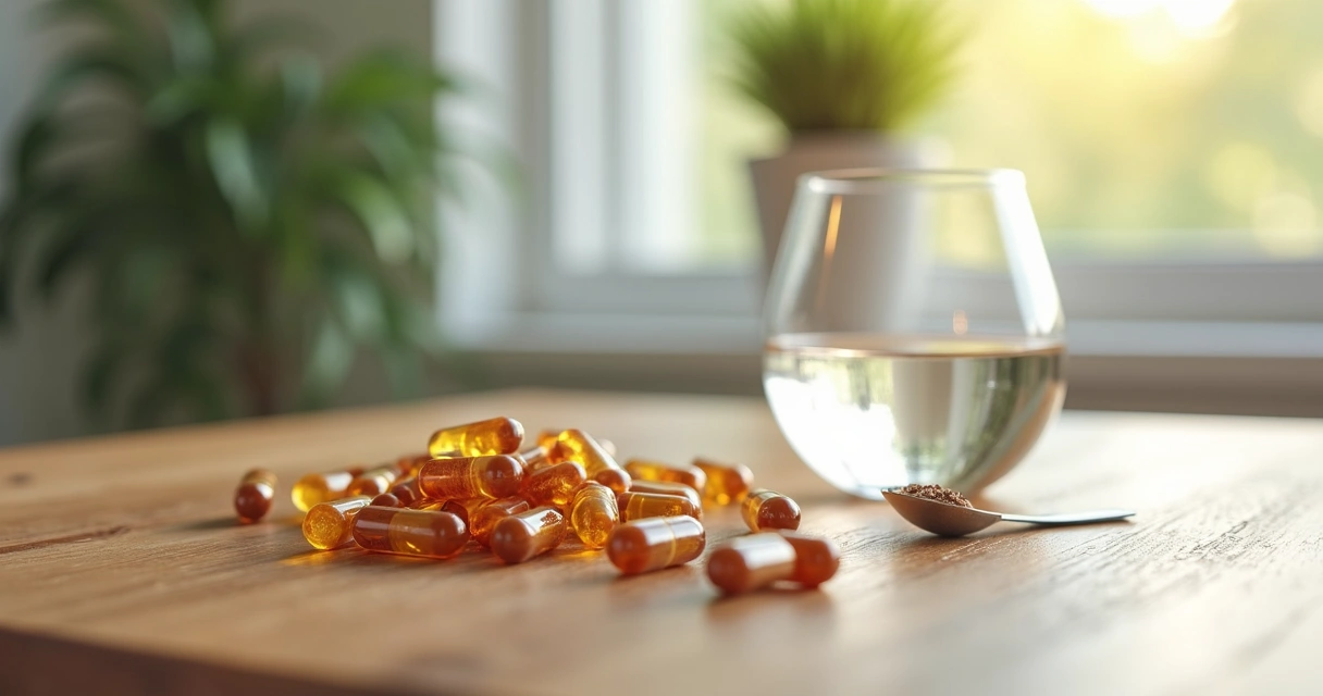 Cápsulas de suplementos naturais sobre mesa clara, com pote aberto ao fundo