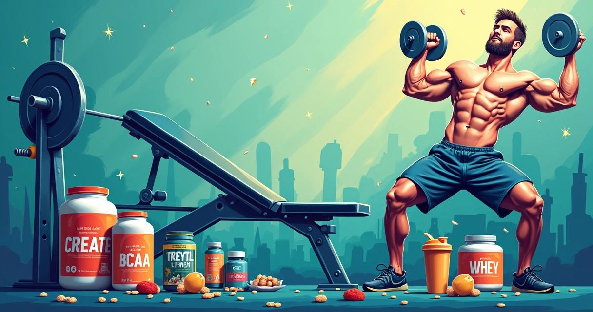 Representação artística de um cenário de academia com suplementos para desempenho e recuperação muscular.