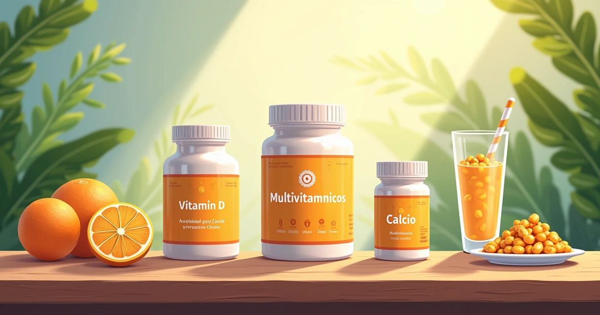 Variados frascos de suplementos nutricionais em uma mesa de madeira, simbolizando saúde para idosos.