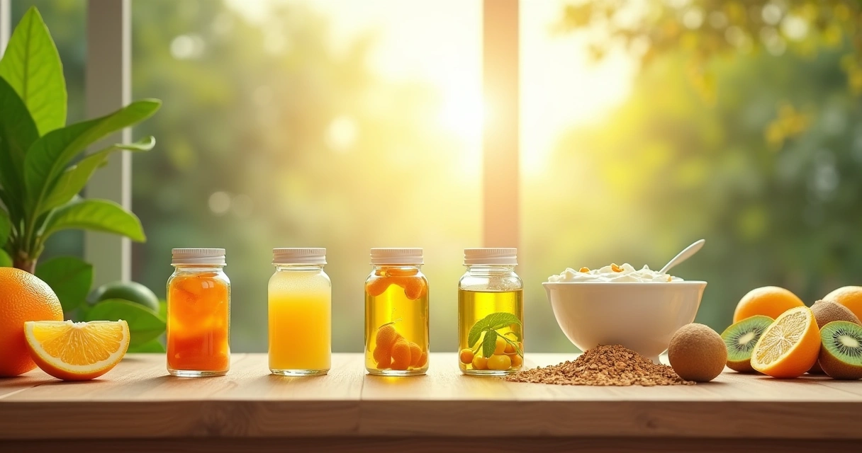 Frascos de suplementos para imunidade em cima de uma mesa de madeira com frutas e iogurte ao fundo.