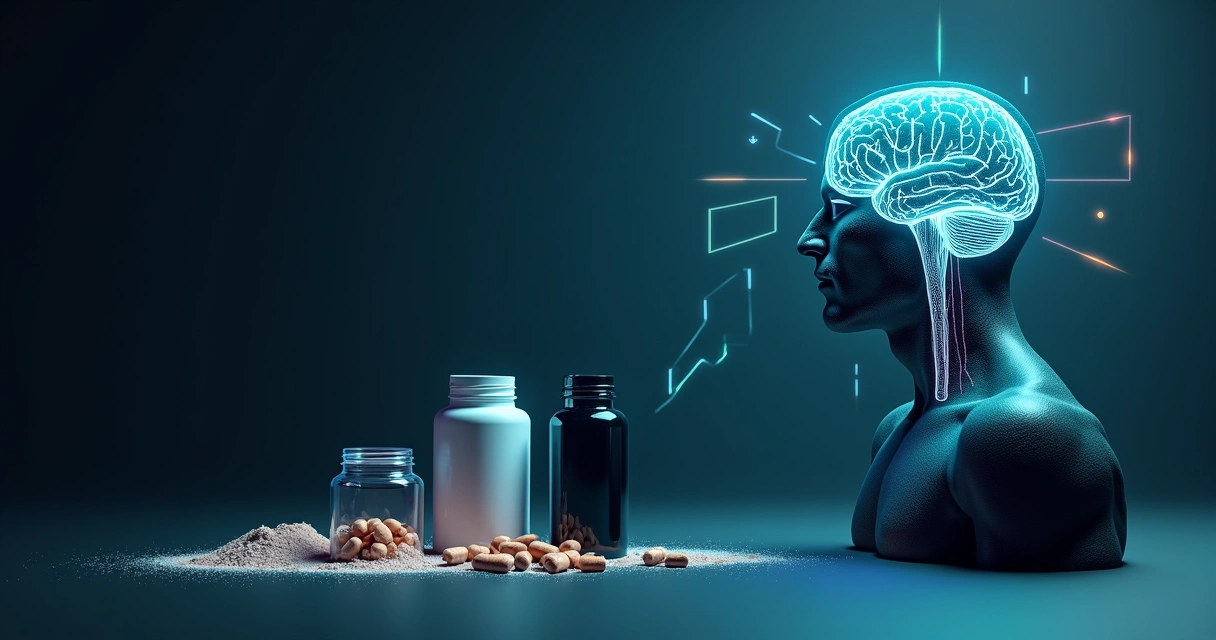 Composição de suplementos ao lado de cérebro e músculos em movimento 