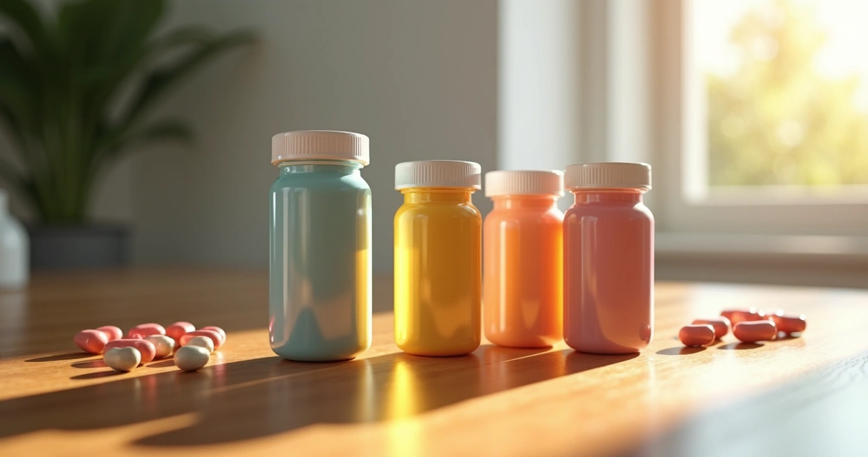 Diversos suplementos manipulados em diferentes formatos sobre uma mesa de madeira 