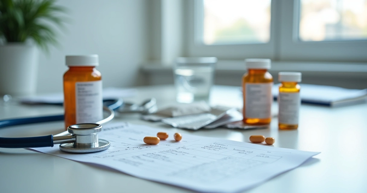 Frascos e cápsulas ao lado de anotações médicas