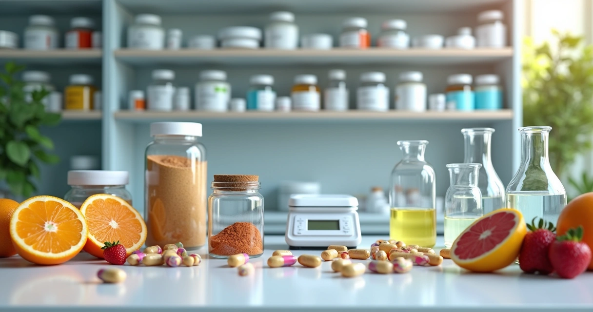 Frascos e potes de suplementos pré-treino manipulados com pó, cápsulas e frutas frescas numa bancada de farmácia de manipulação 
