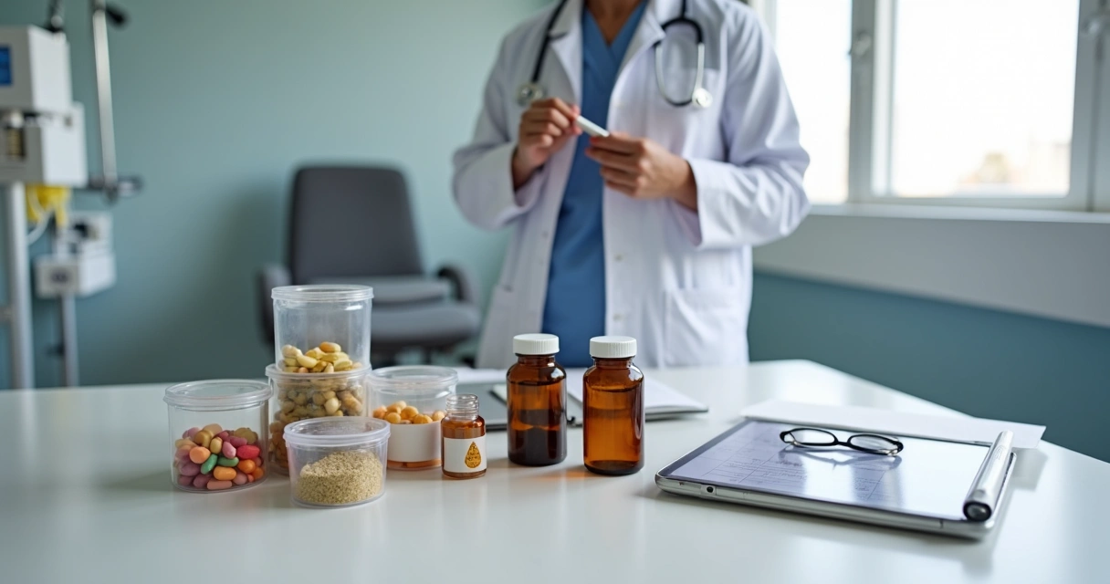 Médico avaliando frascos de suplementos sobre mesa com materiais de quimioterapia 