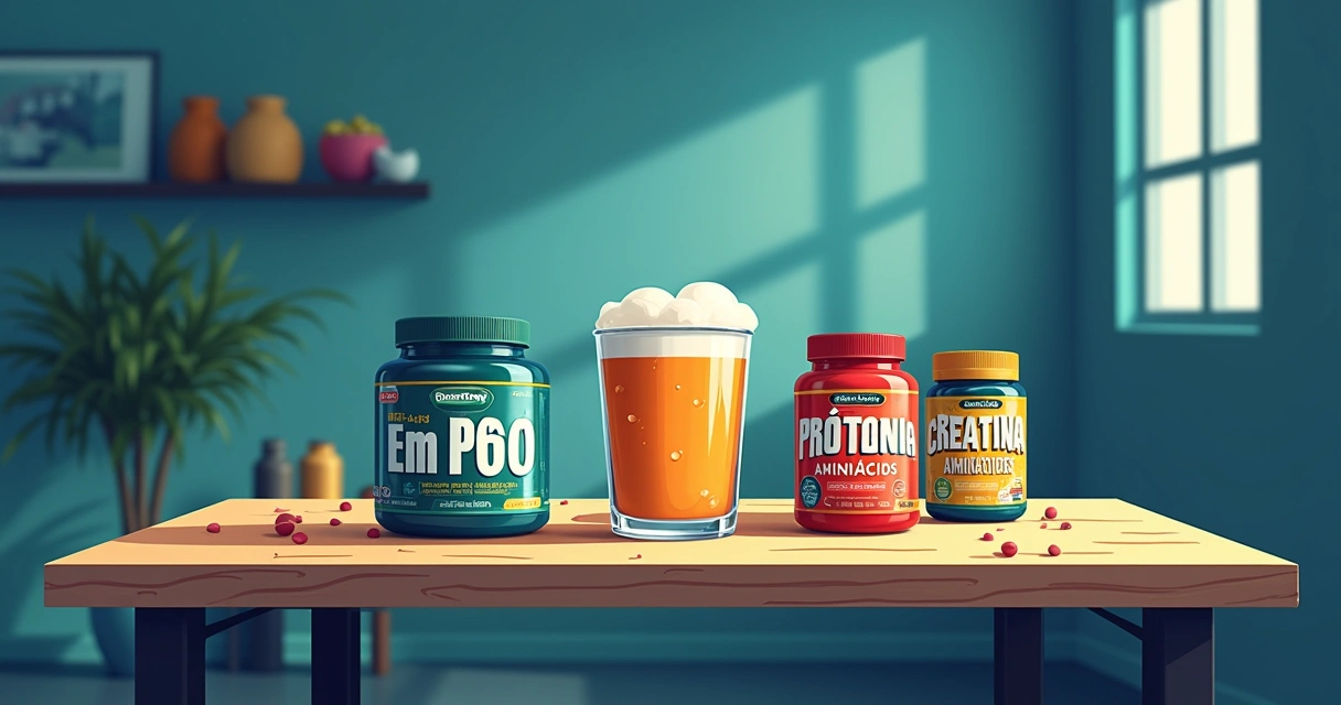 Garrafas de suplementos sobre uma mesa de treino com ambiente de academia ao fundo.