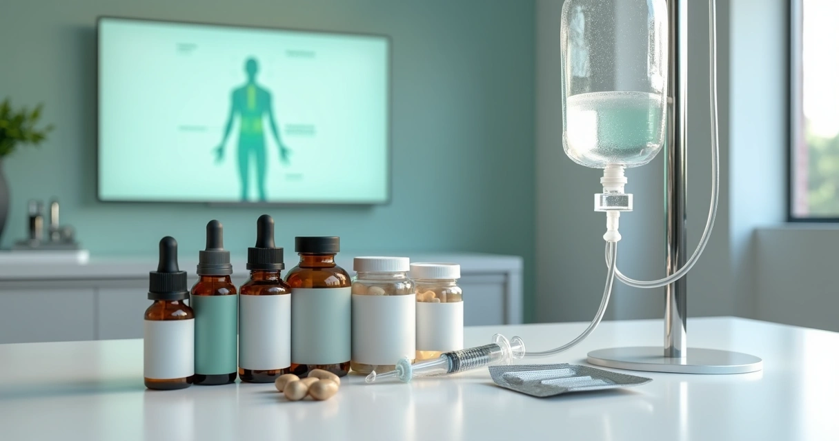 Bancada branca com frascos de suplementos coloridos ao lado de seringa e bolsa de soroterapia 