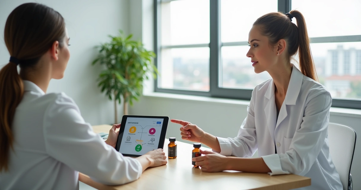 Profissional de saúde orientando paciente sobre terapias e suplementos em consultório moderno 