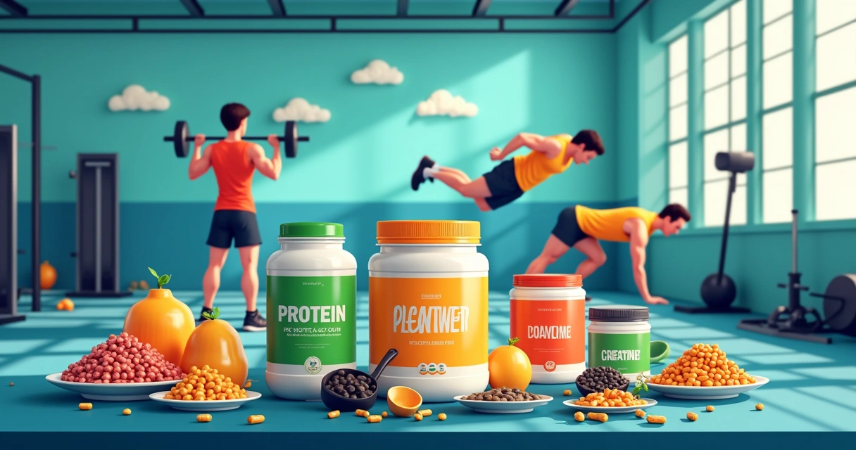 Ilustração de um ambiente de academia vibrante com suplementos de proteína, pré-treino e creatina destacados.
