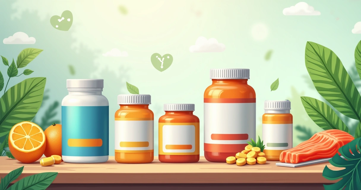 Vários suplementos dispostos em uma mesa de madeira, incluindo vitamina C, whey protein e ômega-3.