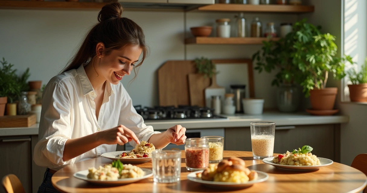Mulher jovem analisando rótulos de suplementos veganos em uma cozinha moderna com ambiente acolhedor.