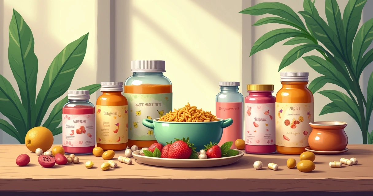 Mesa de madeira com suplementos veganos, incluindo proteína em pó, cápsulas e vitaminas, em ambiente acolhedor.