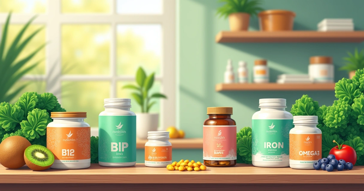 Imagem mostrando suplementos veganos em frascos coloridos sobre uma mesa de madeira com vegetais e frutas.