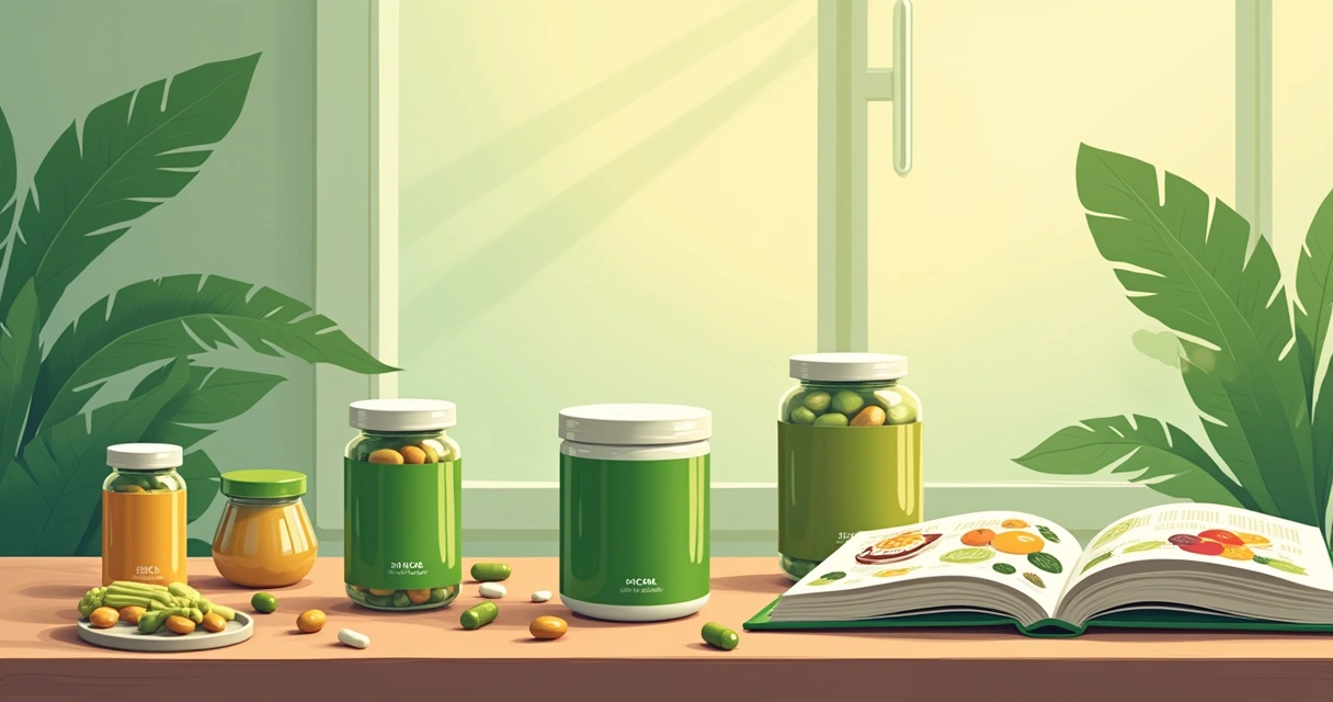 Vários suplementos veganos sobre mesa de madeira, incluindo pó de proteína e cápsulas, com elementos saudáveis ao fundo.