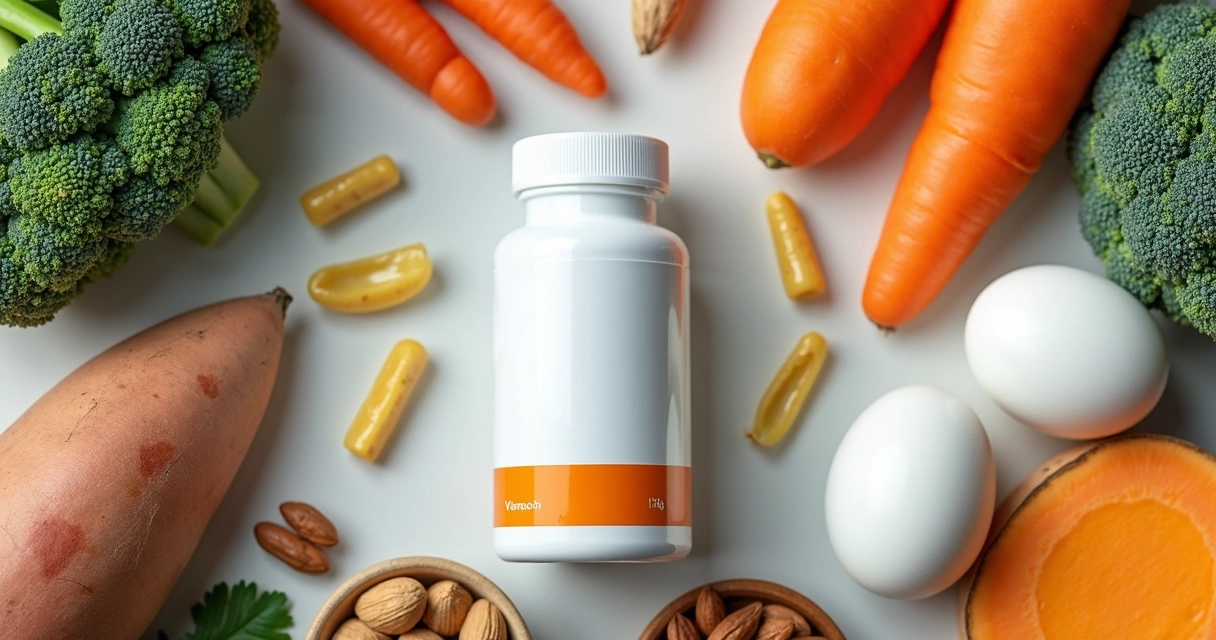 Pote de vitaminas e minerais ao lado de alimentos naturais 