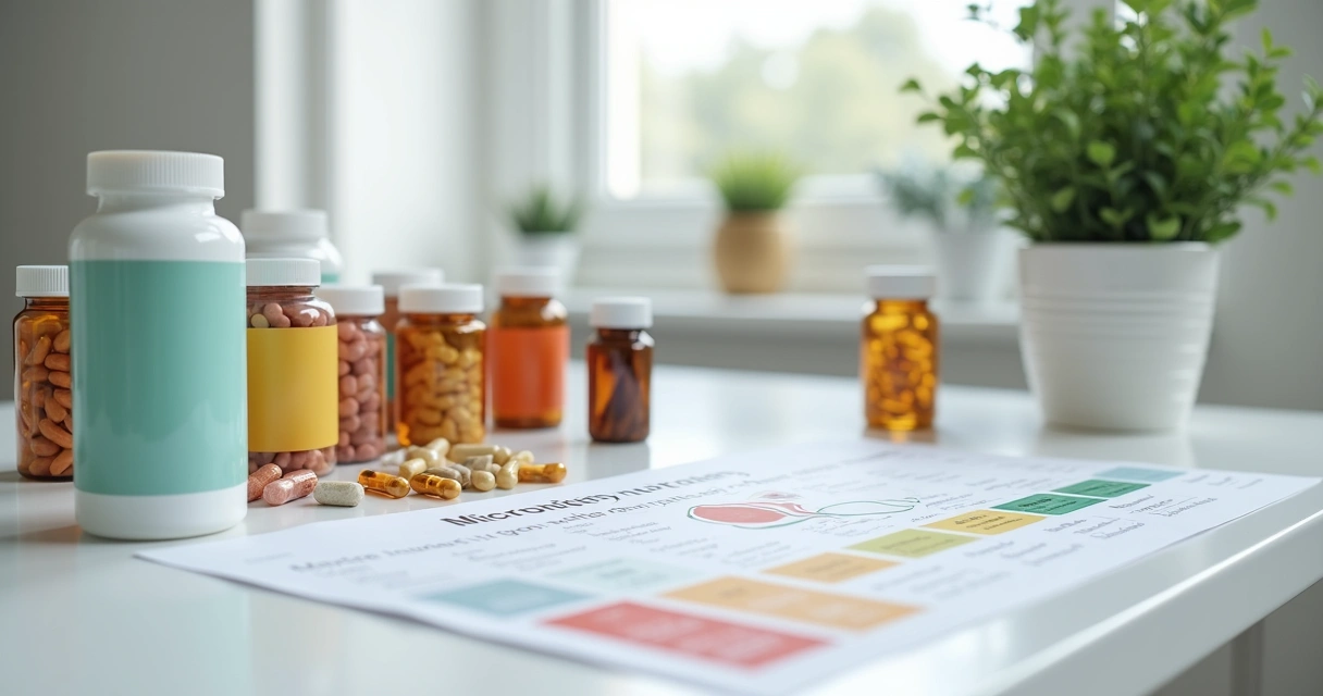 Frascos de suplementos e comprimidos dispostos com uma tabela de nutrientes ao lado 