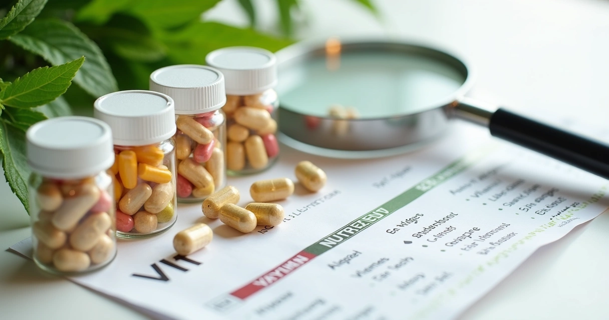 Frascos de suplementos vitamínicos com cápsulas coloridas ao lado de folhas verdes e uma lupa sobre uma tabela de nutrientes 