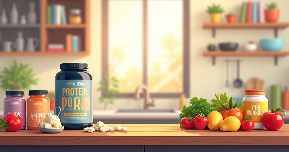 Vibrant kitchen with nutritional supplements like protein and amino acids on a wooden countertop.