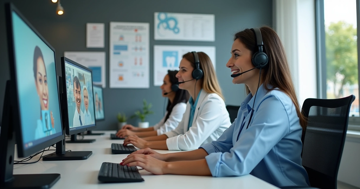 Equipe de suporte de agência digital atendendo dentistas em escritório moderno 